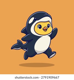A cheerful chick dressed in a playful orca whale costume, captured mid-stride in a dynamic pose.