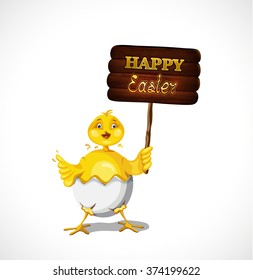 cheerful chick holding  an Easter greeting plate
