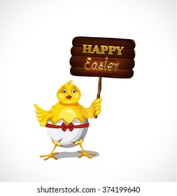 cheerful chick holding  an Easter greeting plate
