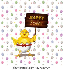 cheerful chick holding  an Easter greeting plate

