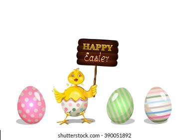 cheerful chick holding  an Easter greeting sign