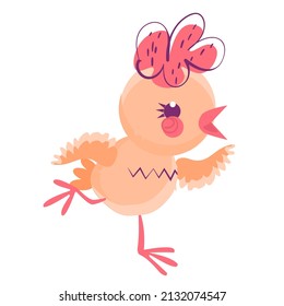 Cheerful chicken dance. Cute bird makes funny gestures. Can be used for social media as sticker or t-shirt print design. Vector illustration.