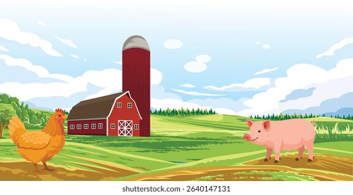 A cheerful chicken and pig near a red barn on a green farm.