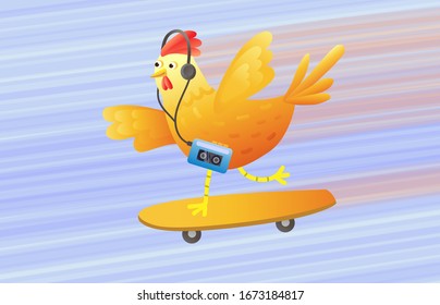 Un alegre pollo monta en una patineta y escucha música en el reproductor. Carácter vector colorido. Fondo de desenfoque de movimiento