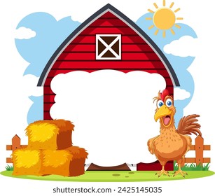 Cheerful chicken standing outside a red barn