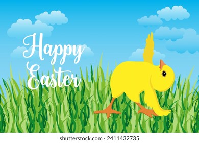 Cheerful chicken in a yoga pose on a spring landscape with sky and clouds. Happy easter children's card, illustration, vector.
