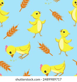 Cheerful chickens and ears of wheat on a blue background. Seamless pattern for wallpaper, fabric, wrapping paper.
