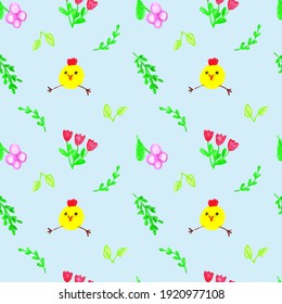 Cheerful chickens with flowers and foliage on a blue background.