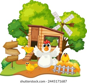 Cheerful chickens outside a wooden coop with windmill.