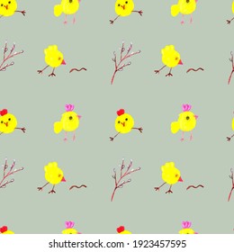 Cheerful chickens with a willow twig on a green background. Easter holiday. Seamless vector illustration. Background.