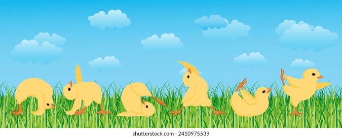 Cheerful chickens in a yoga pose on a spring landscape with sky and clouds. Children's card, illustration, vector.