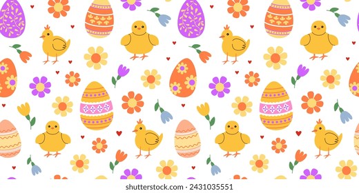 Cheerful chicks and colorful Easter eggs seamless pattern. Easter spring religious holidays. Flowers. Eggs hunt. Background, digital and wrapping paper.