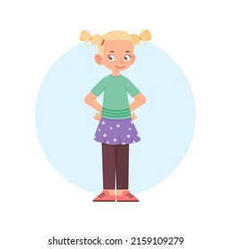 Cheerful child active pose, cartoon style flat illustration