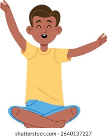 A cheerful child with arms raised, sitting cross-legged in a playful cartoon style. The kid is joyfully expressing happiness with a bright smile and animated pose. Cartoon vector illustration.