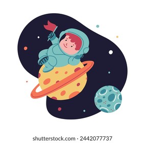 Cheerful child astronaut claiming a planet with a flag in hand. Vector illustration ideal for educational books and playful space-themed designs.