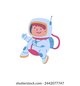 Cheerful child astronaut floating in space. Vector illustration perfect for children's books and educational materials about space exploration