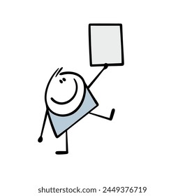 Cheerful child attracts attention, raises his hand, holds  sign with an empty space for text. Vector illustration of  funny boy and important information. Isolated cartoon character on white.