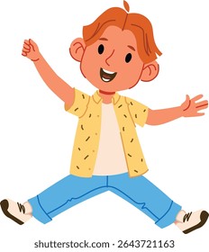 A cheerful child with a big smile jumps energetically in a playful pose. The kid wears casual clothes and expresses happiness with open arms. Cartoon vector illustration.