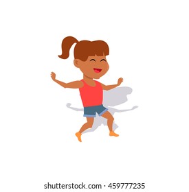 Cheerful child character vector. Flat style design. Smiling cute girl in t-shirt and shorts jumping. Physical exercise, child activity, dances illustrating. Isolated on white background.