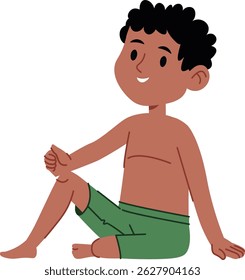 A cheerful child with curly hair sits cross-legged in casual shorts, drawn in a flat cartoon style. The kid's expression is joyful, with a relaxed pose and simple lines. Cartoon vector illustration.