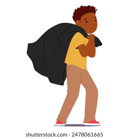 Niño Alegre Arrastrando Saco Negro, Niño Pequeño Con El Pelo Rizado Corto, Vestido Con Una Camisa Amarilla, Pantalones Beige Y Zapatos Rojos Lleva Un Bolso Grande Colgado Sobre Sus Hombros. Ilustración vectorial de dibujos animados