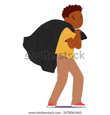 Cheerful Child Dragging Black Sack, Young Boy With Short Curly Hair, Dressed In A Yellow Shirt, Beige Pants And Red Shoes Is Carrying A Large Bag Slung Over Their Shoulder. Cartoon Vector Illustration