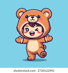 Un niño alegre vestido con un mono de oso marrón, guiñando el ojo y con los brazos extendidos.