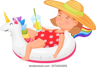 Cheerful child enjoying summer on a unicorn shaped pool float, wearing a wide brimmed hat and holding a refreshing lemonade. Perfect illustration of carefree holiday fun