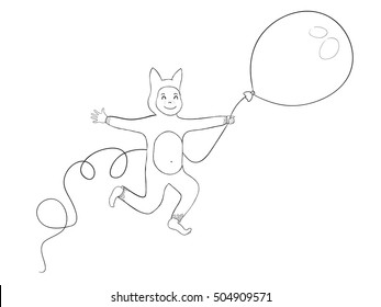 Cheerful child in a fox suit with a balloon runs and jumps. Vector black and white illustration.