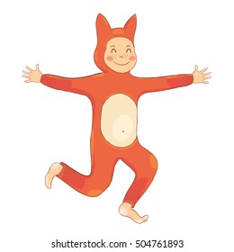 Cheerful child in a fox suit runs and jumps. Vector colored illustration.