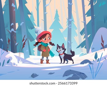 Cheerful child girl and husky dog in winter forest. Colorful snowy landscape with trees. Kid walking with pet. Childrens illustration. Pet lovers concept. Flat cartoon vector illustration