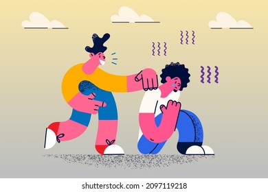 Cheerful child help sad unhappy crying friend falling down feel distressed. Happy kid support comfort upset depressed mate or pal show friendship and unity. Flat vector illustration. 