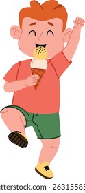A cheerful child holding an ice cream cone in a playful pose, drawn in a cartoon style. The happy kid enjoys a treat with a joyful expression and dynamic stance. Cartoon vector illustration.
