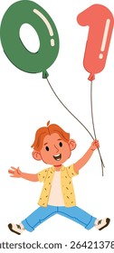 A cheerful child holds large number balloons in a playful cartoon style. The kid joyfully stretches arms with big numeral balloons above. Cartoon vector illustration.