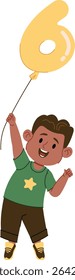 A cheerful child holds a number six balloon in a playful cartoon style. The kid wears a star shirt and smiles brightly while celebrating. Cartoon vector illustration.