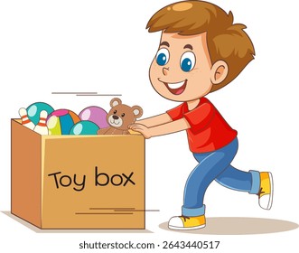 A cheerful child interacts with a toy box, vibrant colors, cartoon style, dynamic composition, playful and energetic mood