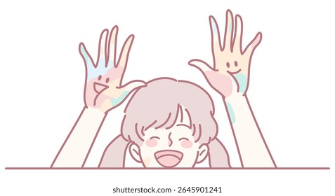 A cheerful child joyously showing off colorful handprints, beautifully embodying pure joy and creativity