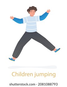 Cheerful child jumps concept. Happy boy in striped blue sweater having fun and rejoicing. Smiling male character or schoolboy. Cartoon modern flat vector illustration isolated on white background