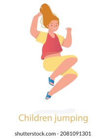 Cheerful child jumps concept. Happy teenager or schoolgirl. Little smiling girl in stylish clothes having fun. Character rejoices. Cartoon modern flat vector illustration isolated on white background