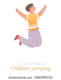 Cheerful child jumps concept. Little smiling boy with orange shirt having fun and celebrating. Active character. Schoolboy or teenager. Cartoon flat vector illustration isolated on white background