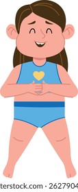 A cheerful child with long hair holds a heart symbol on their chest in a playful cartoon style. The child stands confidently, expressing joy and warmth. Cartoon vector illustration.