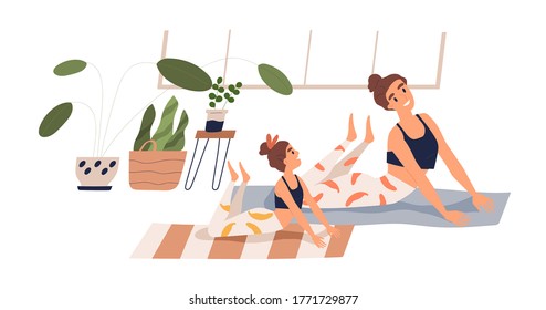 Cheerful Child And Mother Practicing Yoga Together At Home Vector Flat Illustration. Happy Family Doing Stretching Exercise On Mat Isolated On White. Joyful Woman And Girl During Sports Training