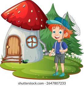 A cheerful child with a net stands by a charming mushroom house in a vibrant forest setting