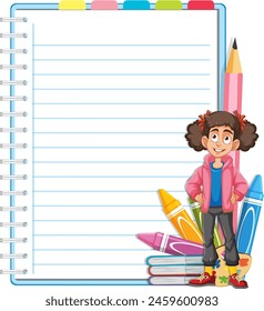Cheerful child with notebook and colorful pencils.