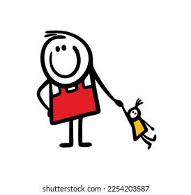 Cheerful child in overalls holds a toy doll in his hand. Vector illustration of stick figure  boy or girl playing a game.