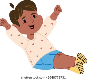 A cheerful child in a patterned sweater and shorts with arms raised in excitement. The kid's expression is happy and playful, wearing shoes. Cartoon vector illustration.