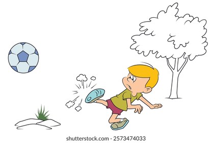 Cheerful child playing football yard. Funny people. Illustration concept template for website, web landing page, banner, presentation, social, poster, promotion or print media.