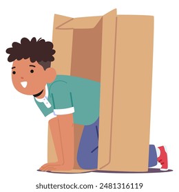 Cheerful Child Playing Inside A Cardboard Box. Young Boy Is Kneeling And Crawling Through The Box With A Happy Smile. Vector Concepts Of Children Activities, Imagination, And Prepositions Of Place