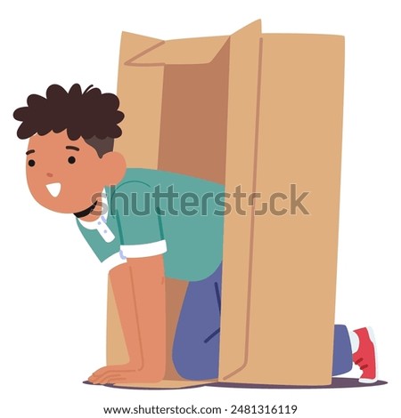 Cheerful Child Playing Inside A Cardboard Box. Young Boy Is Kneeling And Crawling Through The Box With A Happy Smile. Vector Concepts Of Children Activities, Imagination, And Prepositions Of Place