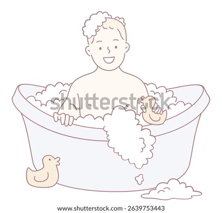A cheerful child plays joyfully in a bubbly bath filled with colorful rubber ducks, showcasing pure joy
